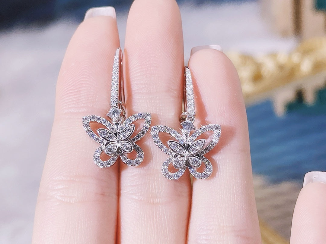 DOUBLE BUTTERFLY SILHOUETTE SILVER DIAMOND EARRINGS