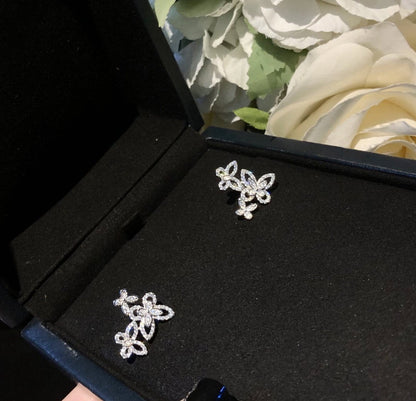 TRIPLE BUTTERFLY SIHOUETTE SILVER DIAMOND EARRINGS