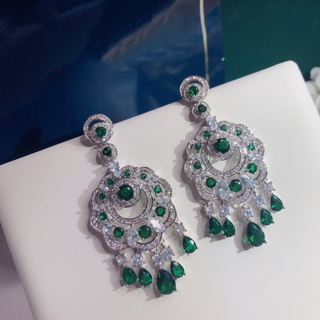 GRA FLOWER SILVER GREEN DIAMOND DROP EARRINGS