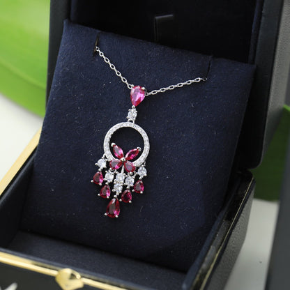 BUTTERFLY CHANDELIER CLASSIC PINK SILVER DIAMOND NECKLACE