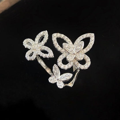 TRIPLE BUTTERFLY SILHOUETTE SILVER DIAMOND RING