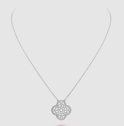 CLOVER LARGE PENDANT DIAMOND PAVED SILVER NECKLACE