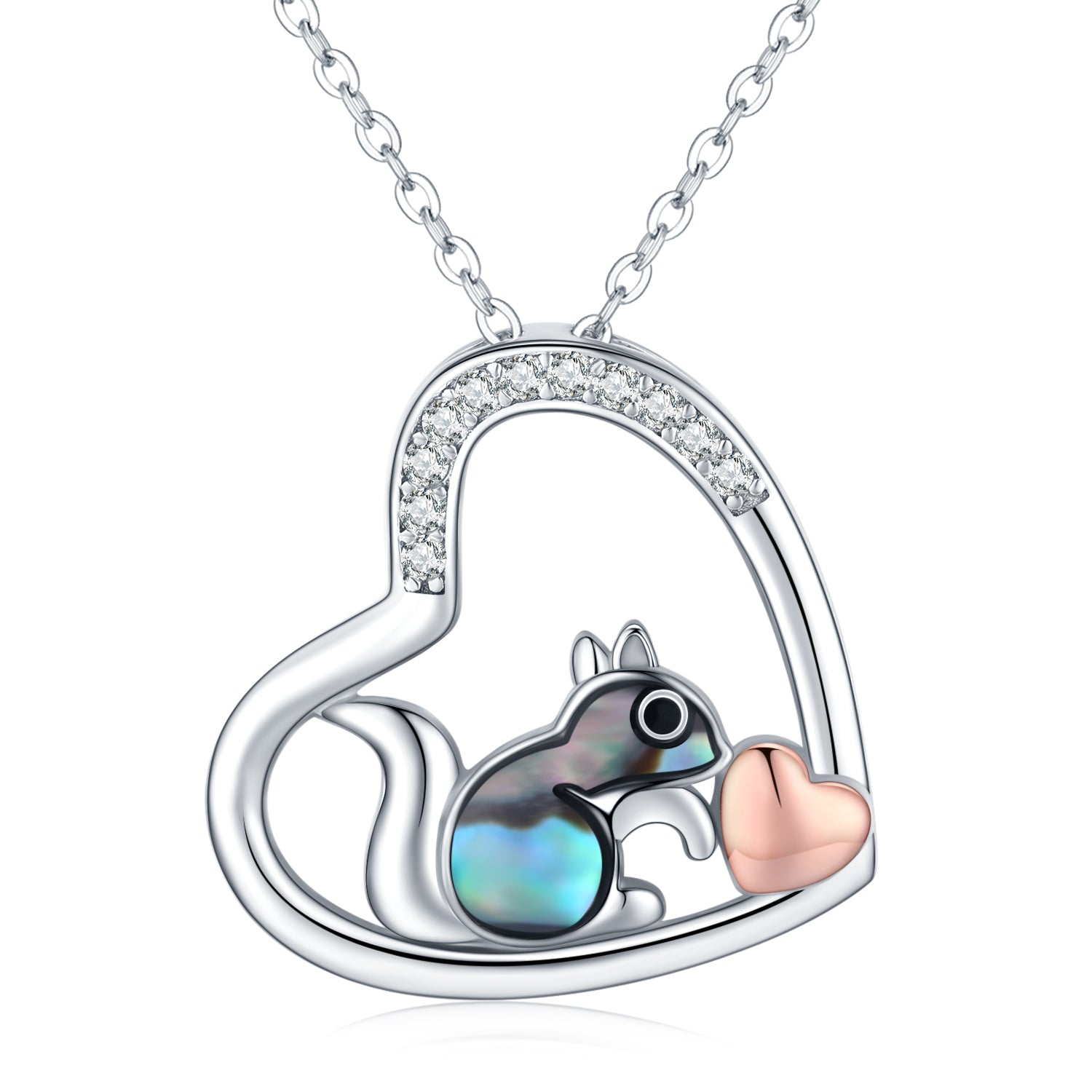 Squirrel Necklace Abalone CZ Pendant - Sterling Silver Jewelry