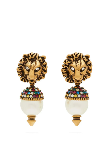 GG LION HEAD PEARL COLORED DIAMOND EARRINGS