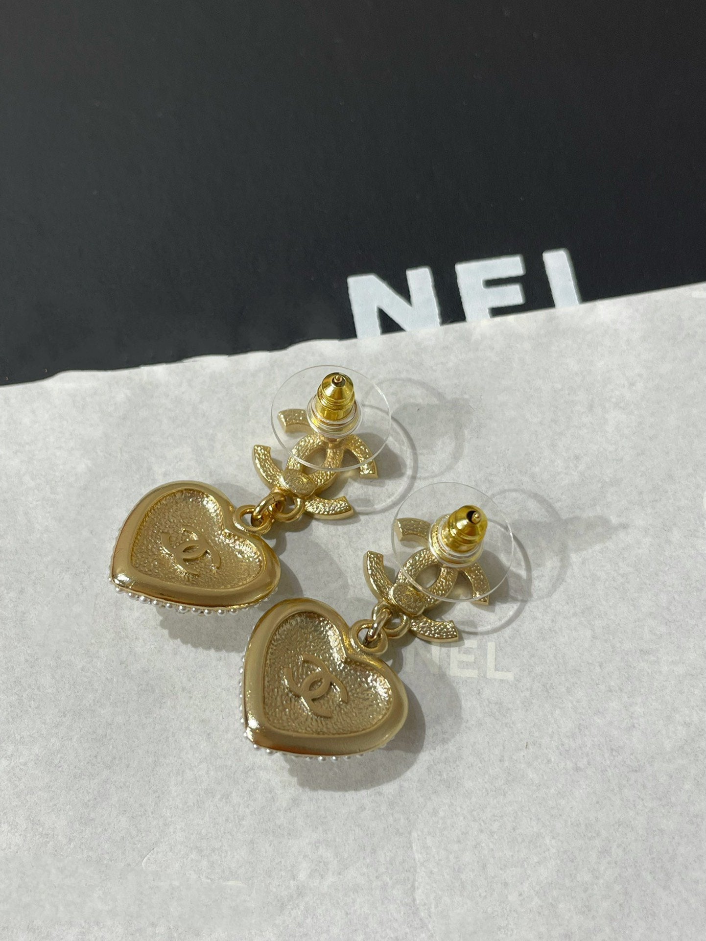 cc logo diamond paved heart mop drop earrings