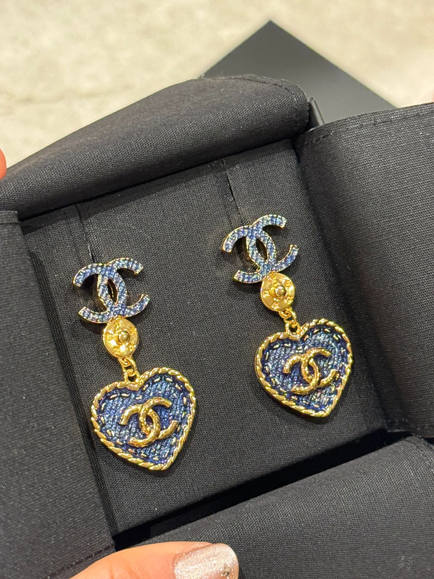 cc heart blue denim drop earrings