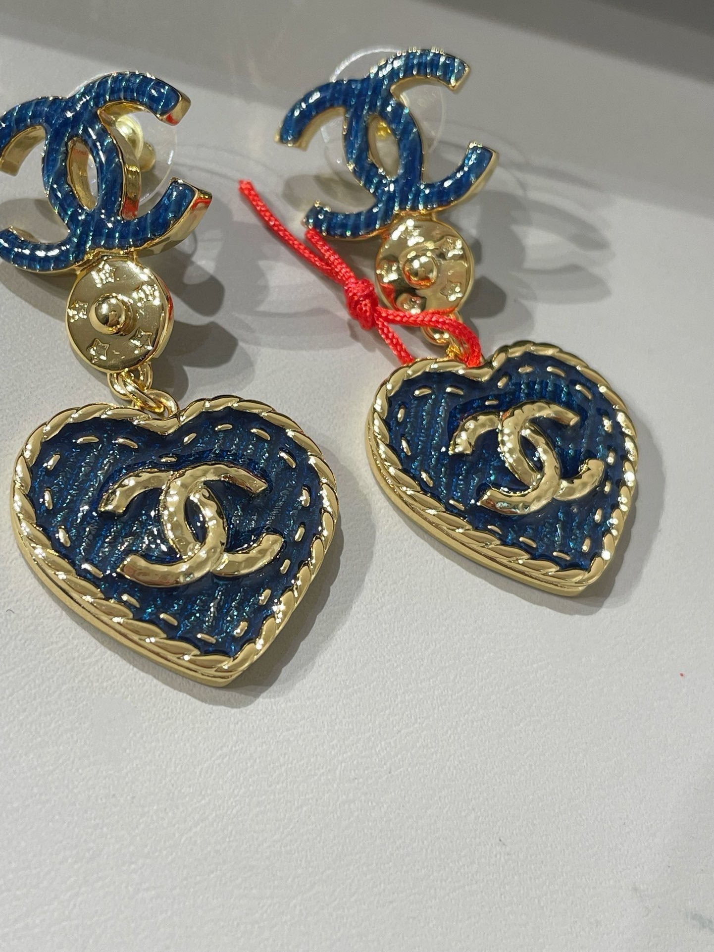 cc heart blue denim drop earrings