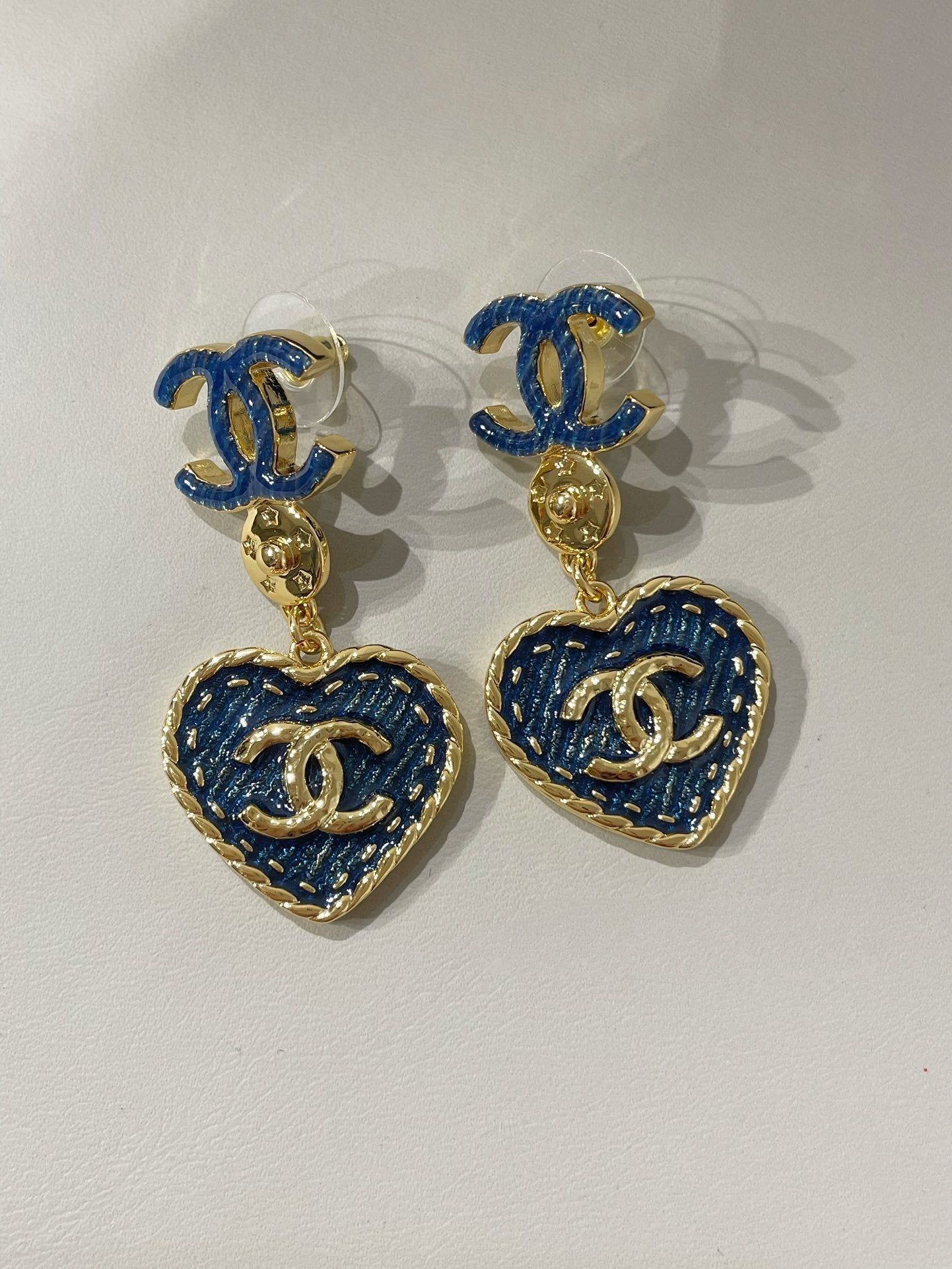 cc heart blue denim drop earrings