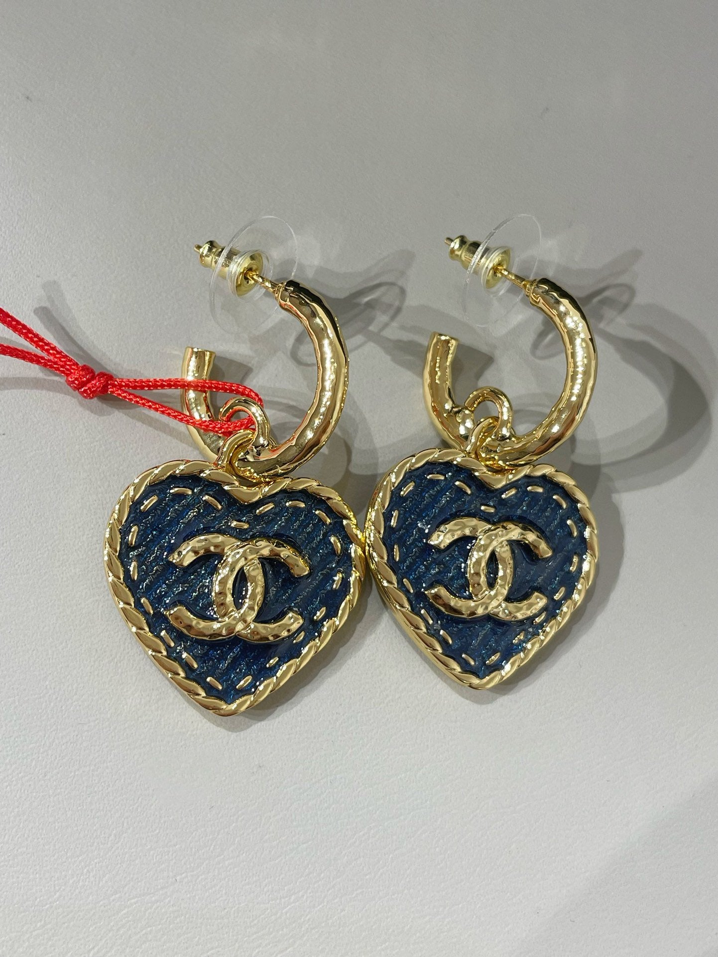 cc heart blue denim light gold hoop earrings