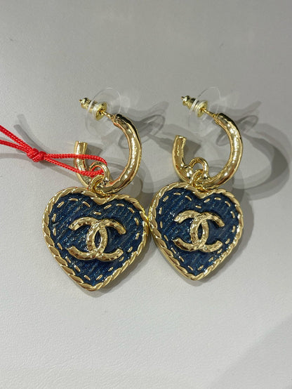 cc heart blue denim light gold hoop earrings