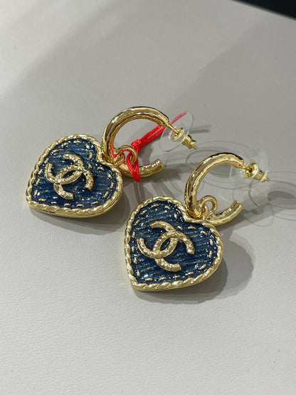 cc heart blue denim light gold hoop earrings