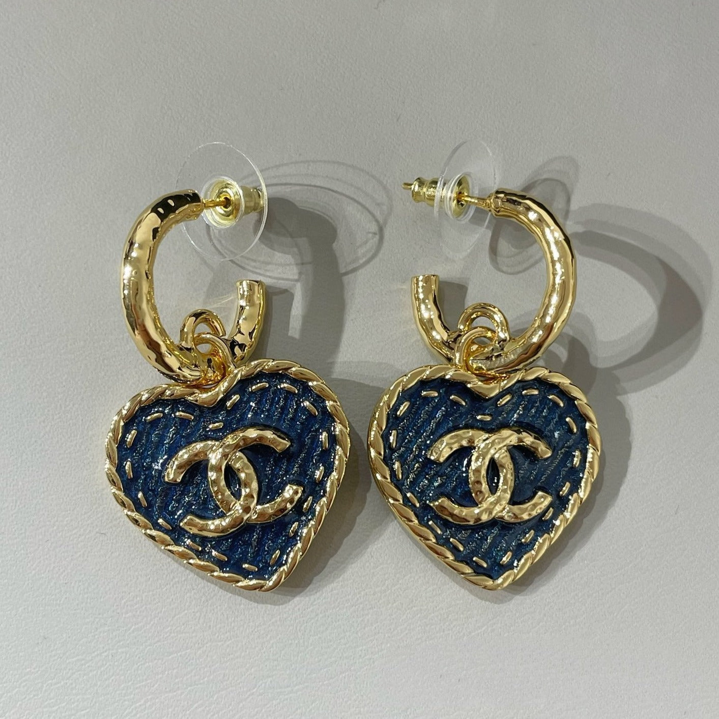 cc heart blue denim light gold hoop earrings