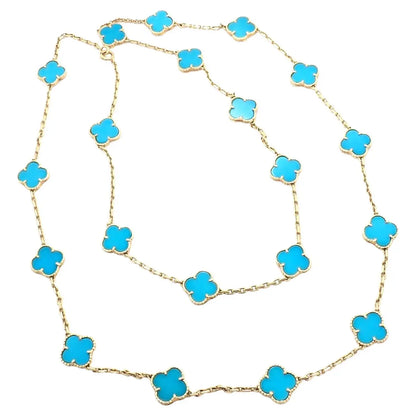 CLOVER 20 MOTIF TURQUOISE 86CM GOLD NECKLACE