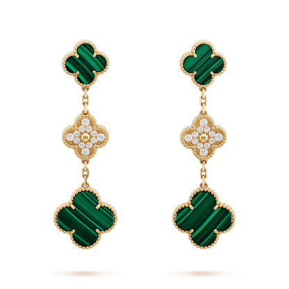 CLOVER EARRINGS GOLD MALACHITE DIAMOND 3 MOTIF