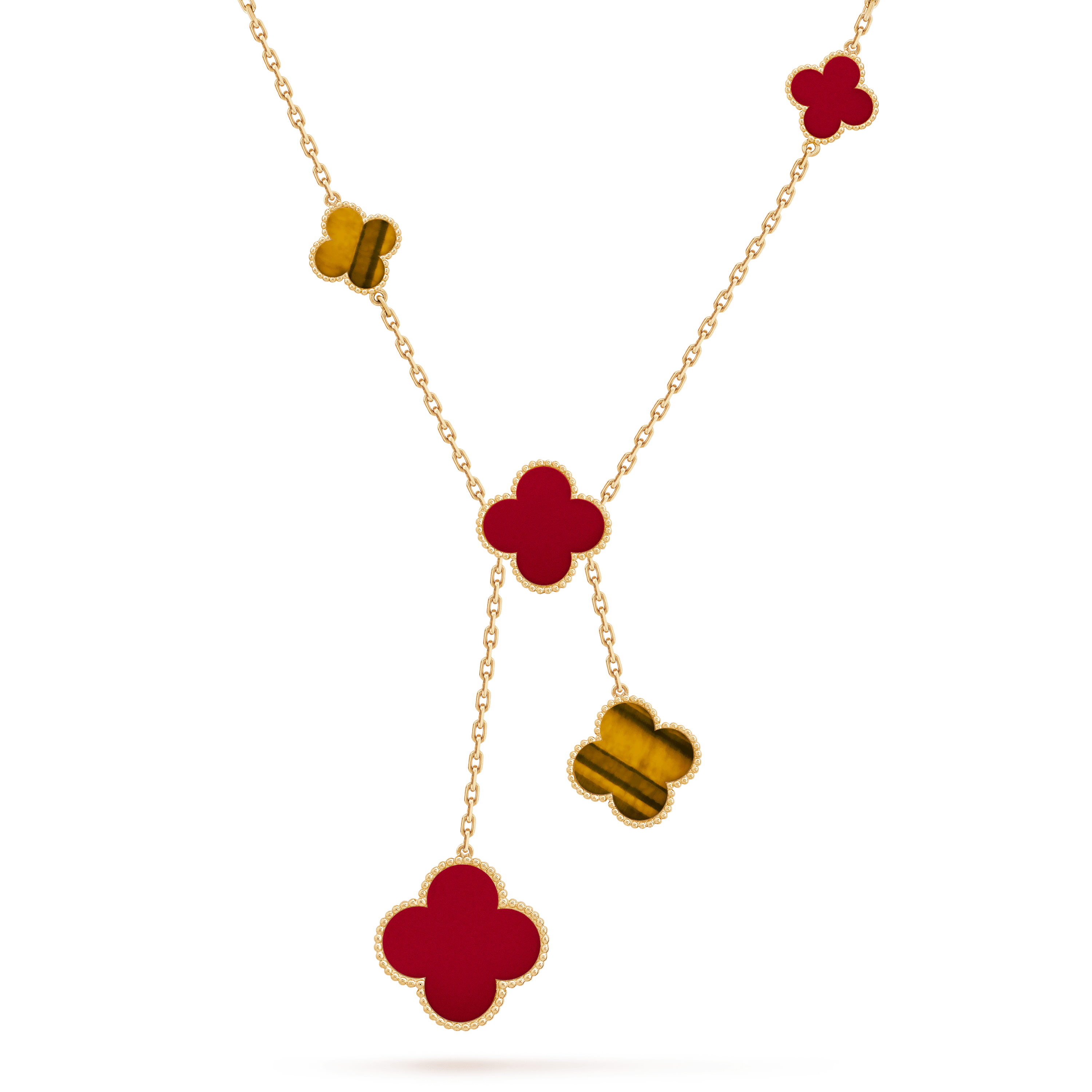 CLOVER TIGER EYE CARNELIAN NECKLACE 6 MOTIF