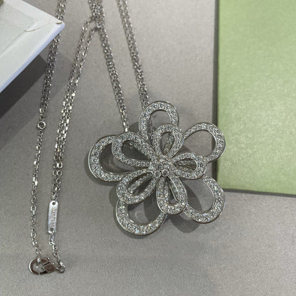 DOUBLE LACE FLOWER SILVER PENDANT DIAMOND NECKLACE