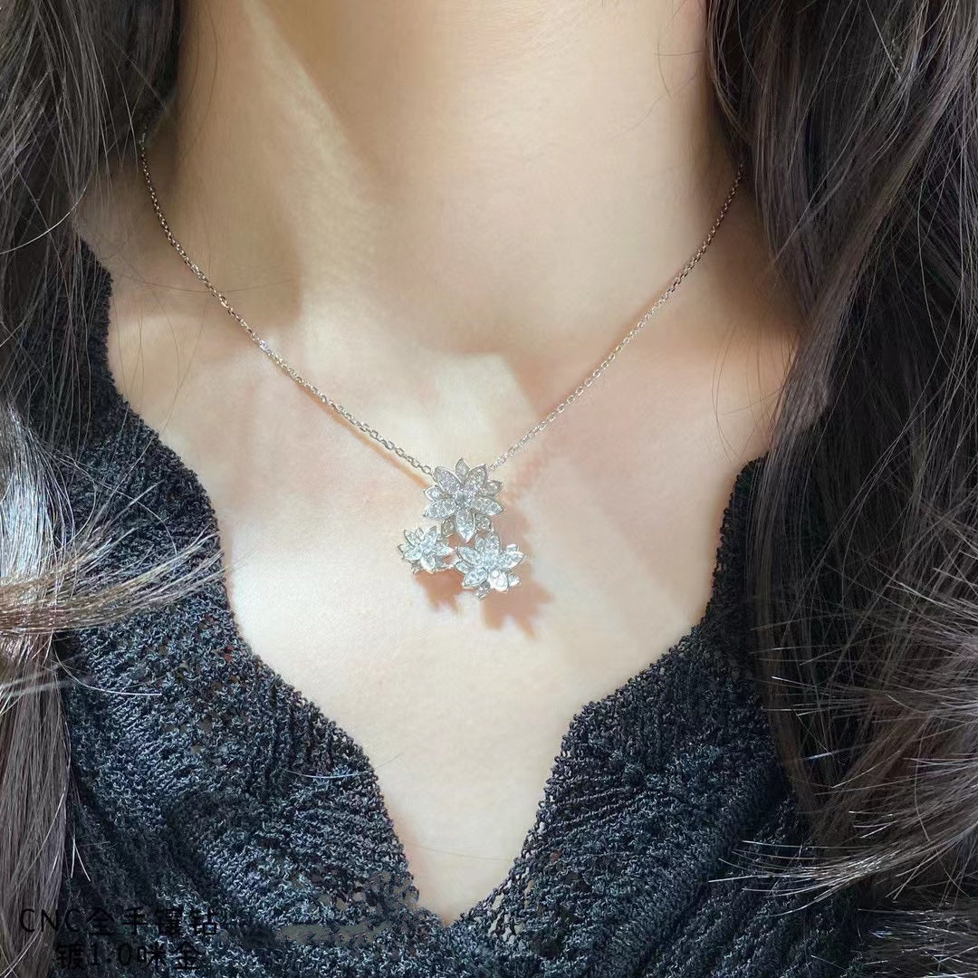 LOTUS THREE FLOWERS SILVER DIAMOND NECKLACE