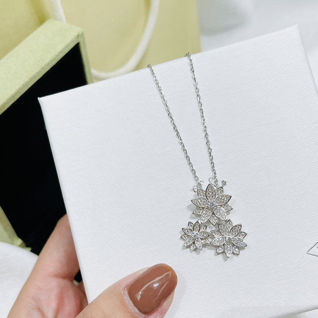 LOTUS THREE FLOWERS SILVER DIAMOND NECKLACE