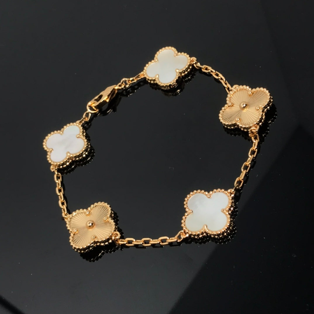 CLOVER BRACELET 5 MOTIF WHITE MOP AND PINK GOLD