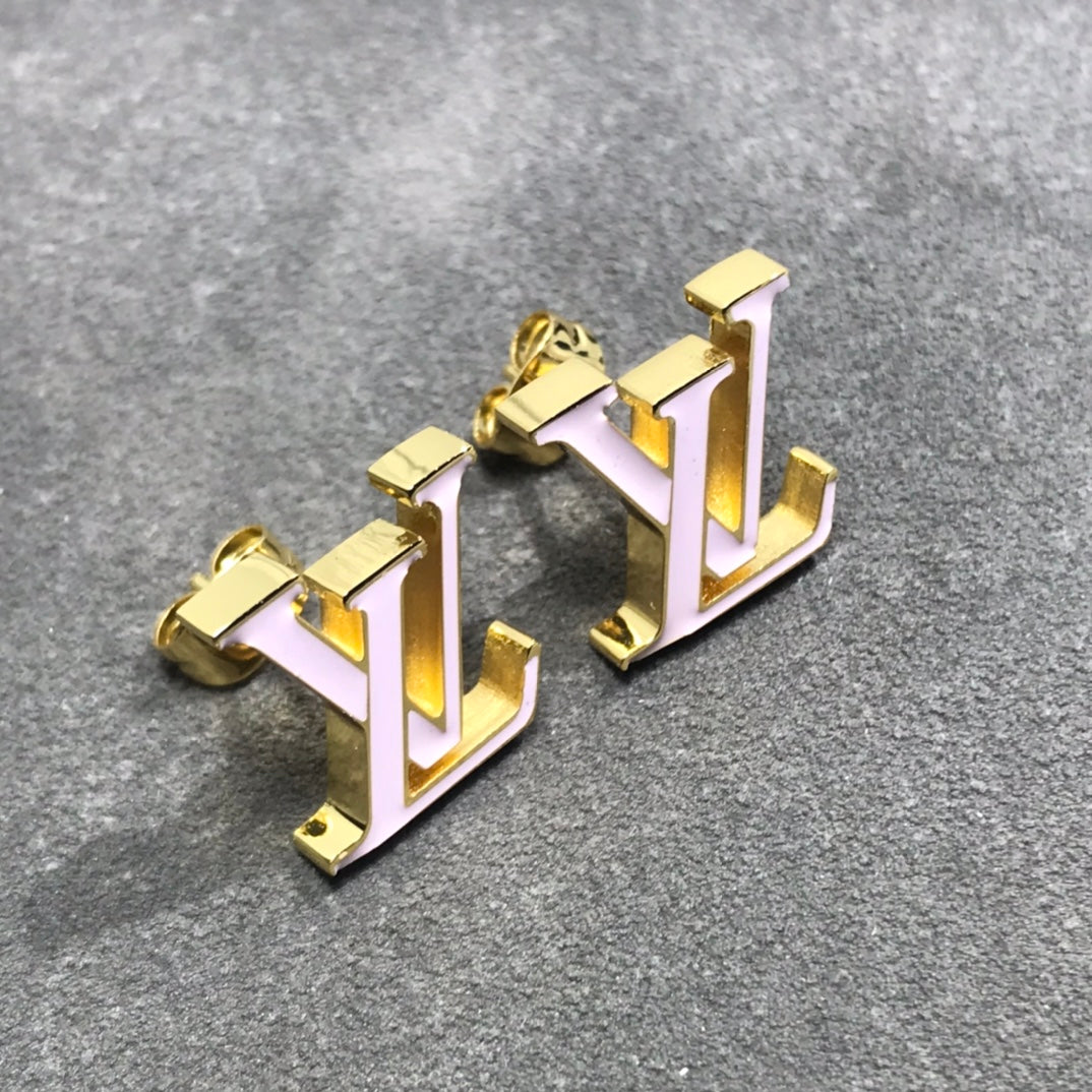 LV LOGO PINK AND BLACK GOLD STUD EARRINGS