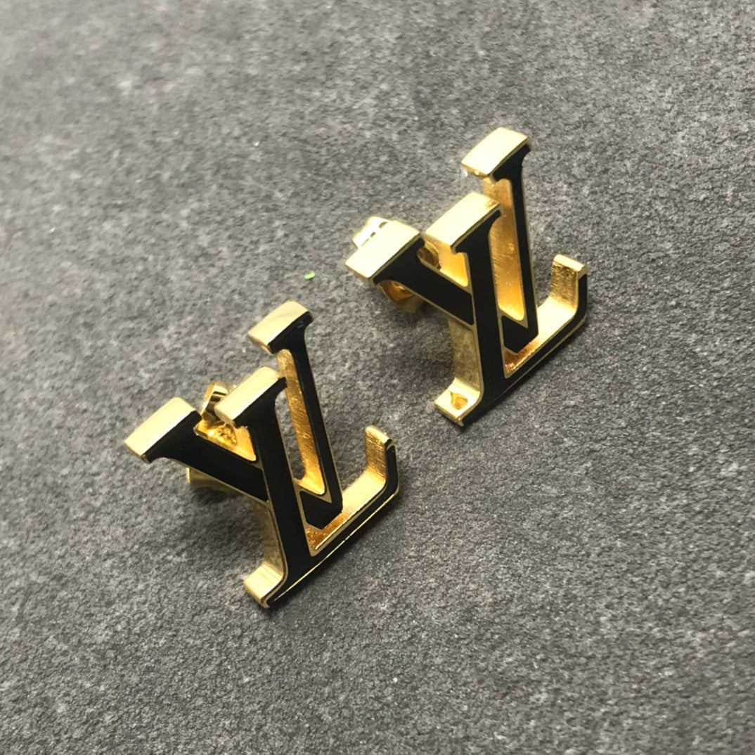 LV LOGO PINK AND BLACK GOLD STUD EARRINGS