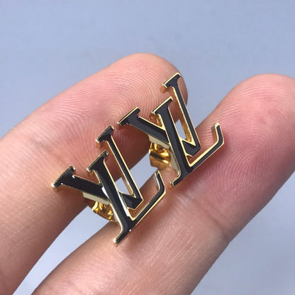 LV LOGO PINK AND BLACK GOLD STUD EARRINGS