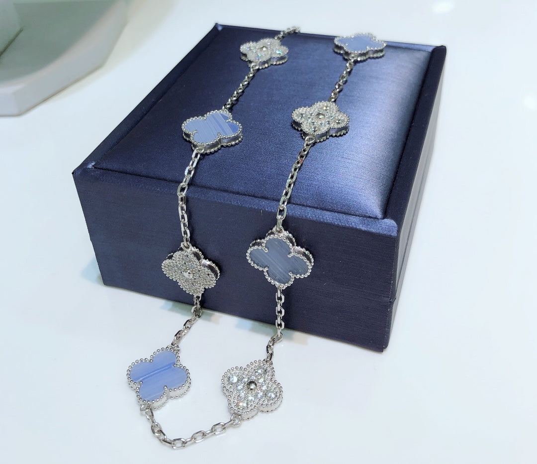 CLOVER 10 MOTIFS CHALCEDONY DIAMONDS SILVER NECKLACE