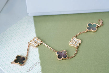 CLOVER 5 MOTIFS DARK MOP AND DIAMONDS PINK GOLD BRACELET