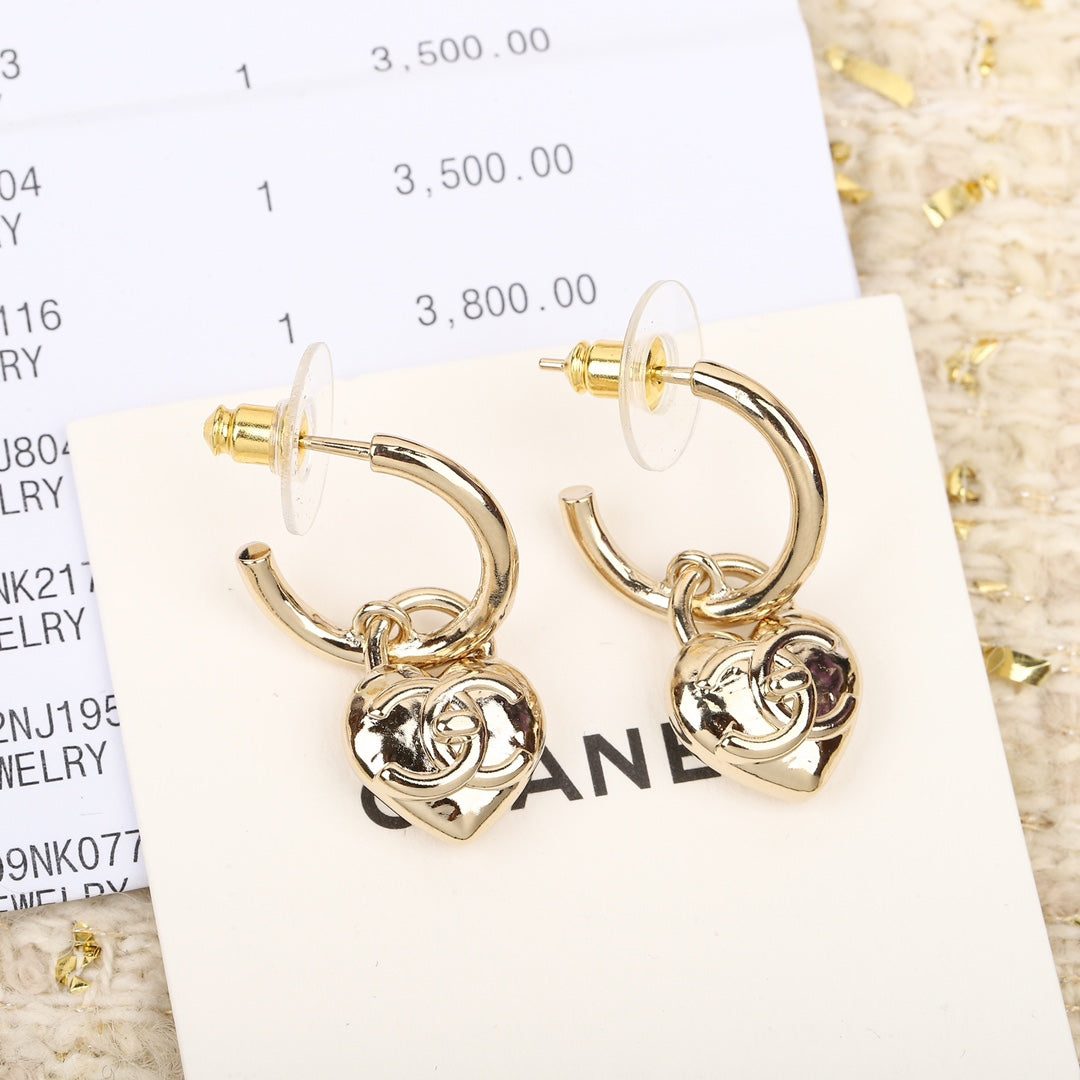 DOUBLE C DROP HEART GOLD EARRINGS