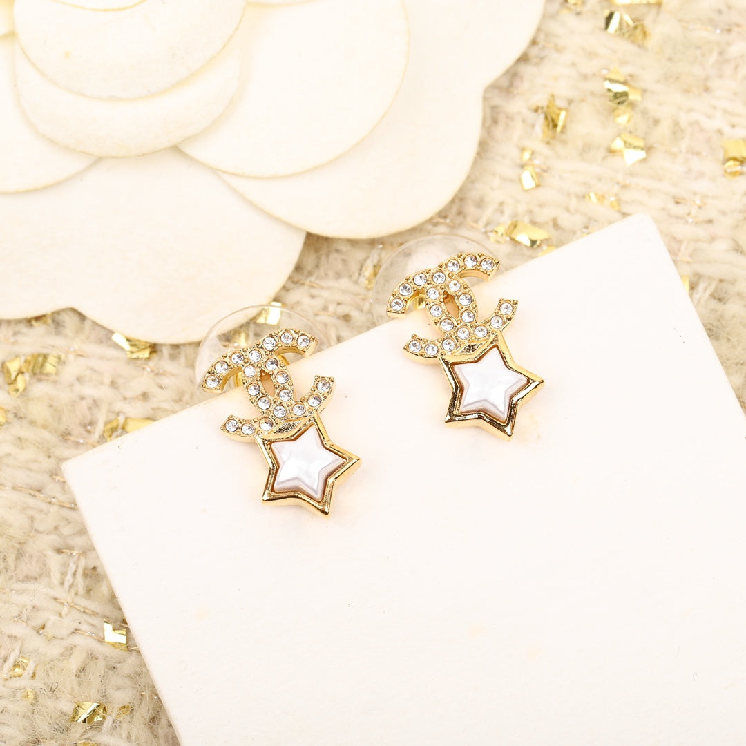 DOUBLE C STAR MOP DIAMONDS GOLD EARRINGS