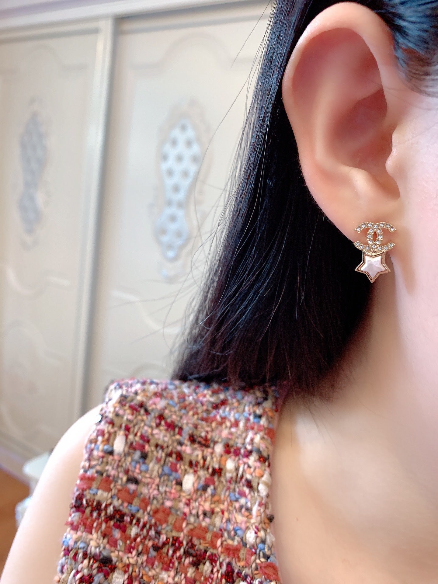 DOUBLE C STAR MOP DIAMONDS GOLD EARRINGS