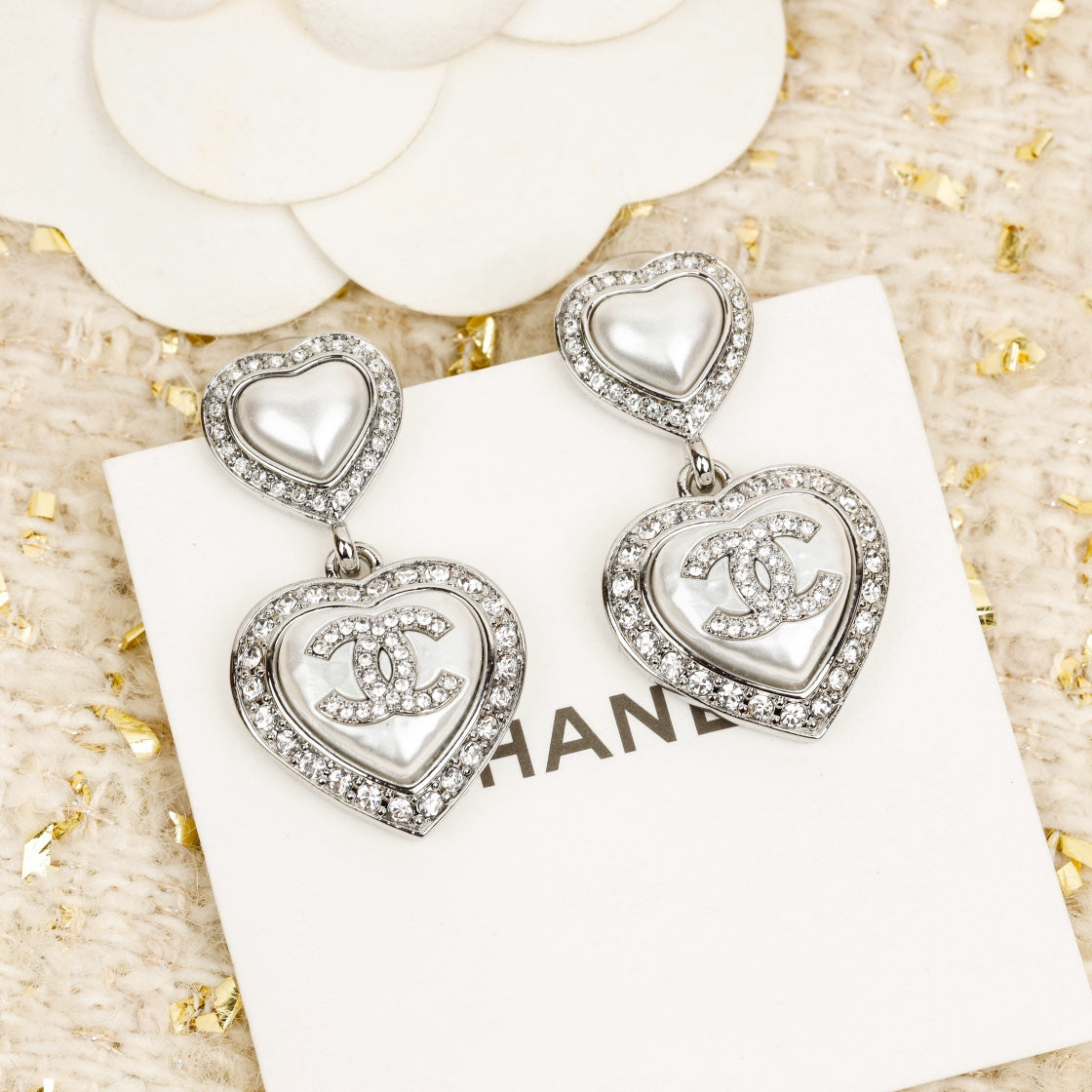 DOUBLE HEART CC DIAMONDS SILVER EARRINGS