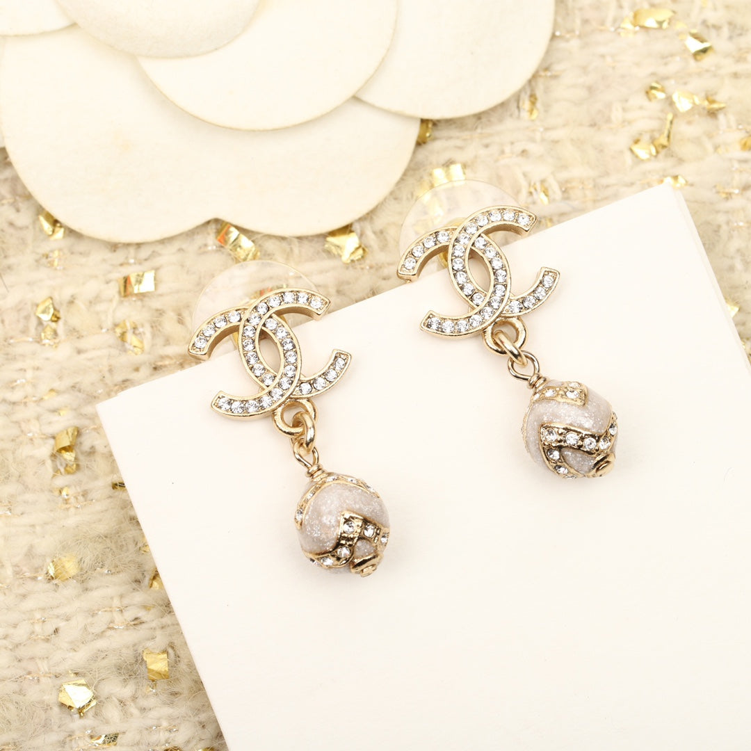 DOUBLE C DROP BALL GOLD DIAMONDS EARRINGS