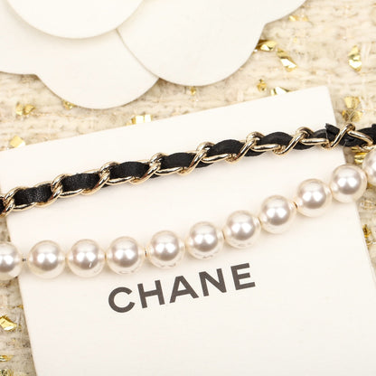 CHANE PEARLS AND LEATHER STRAPS GOLD NECKLACE TYPE 2